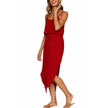 NERLEROLIAN Women's Adjustable Strappy Split Summer Beach Casual Midi Dress Red