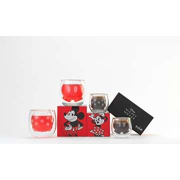 JoyJolt Mickey Pants and Minnie Skirt 3D 7.4oz Double Wall Glass Coffee Cups (2pc). Disney Coffee Mug, Espresso Cups and Tea Cups Collection of Double Wall Glasses and Disney Gifts.