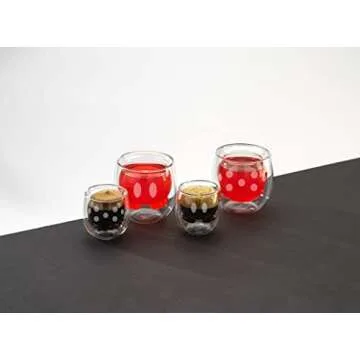 JoyJolt Mickey Pants and Minnie Skirt 3D 7.4oz Double Wall Glass Coffee Cups (2pc). Disney Coffee Mug, Espresso Cups and Tea Cups Collection of Double Wall Glasses and Disney Gifts.