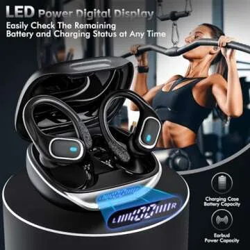 Catitru Bluetooth Headphones Wireless Earbuds with Earhooks for Sport, HiFi Stereo, ENC Mic, 80Hrs LED Display, IPX7 Waterproof Ear Buds for During Running/Workout Black