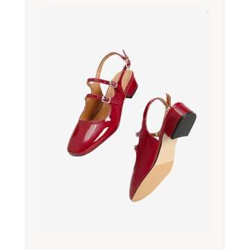 NEWBELLA Womens Mary Janes Pumps Chunky Low Heel Slingback Adjustable Ankle Buckle Slip On Sandals Double Back Buckles Retro Block Pumps for Wedding Holiday Working Casual (Red, Adult, Women, 8, Numeric, US Footwear Size System, Medium)