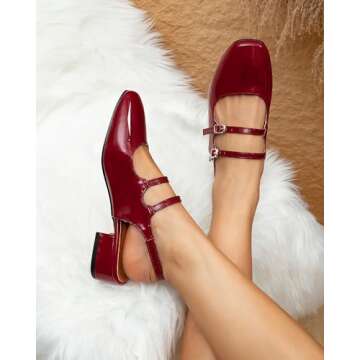 NEWBELLA Womens Mary Janes Pumps Chunky Low Heel Slingback Adjustable Ankle Buckle Slip On Sandals Double Back Buckles Retro Block Pumps for Wedding Holiday Working Casual (Red, Adult, Women, 8, Numeric, US Footwear Size System, Medium)