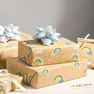 RUSPEPA Kraft Wrapping Paper Roll - Mini Roll - Rainbow Design Great for Birthday, Party, Baby Shower - 17 Inches X 32.8 Feet