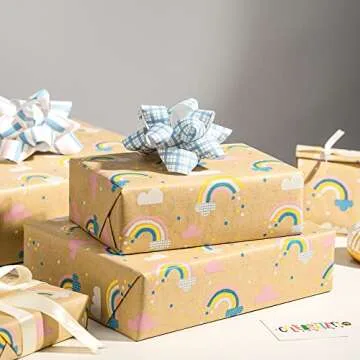 RUSPEPA Kraft Wrapping Paper Roll - Mini Roll - Rainbow Design Great for Birthday, Party, Baby Shower - 17 Inches X 32.8 Feet