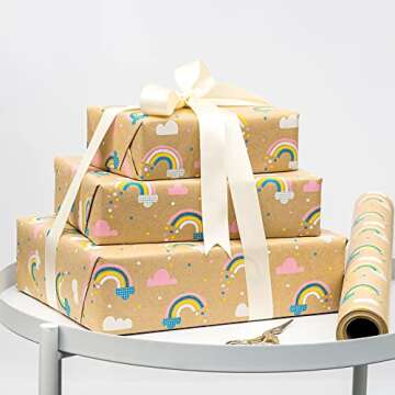 RUSPEPA Kraft Wrapping Paper Roll - Mini Roll - Rainbow Design Great for Birthday, Party, Baby Shower - 17 Inches X 32.8 Feet
