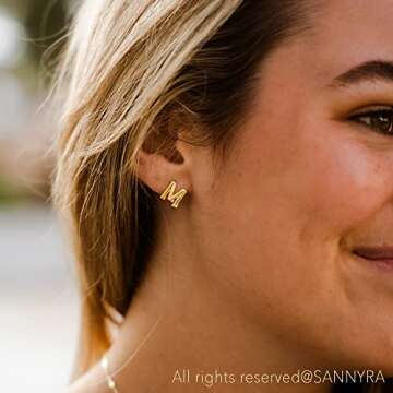 SANNYRA M Initial Stud Earrings for Women, 14K Gold Plated Hypoallergenic Letter Earring, Trendy Jew...