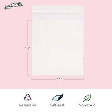 Pack It Chic - 11” X 14” (200 Pack) Clear Resealable Cello Poly Bags - Fits 11X14 Prints, Photos, Documents - Self Seal