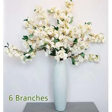HyeFlora Artificial Cherry Blossom Branches, Faux Fake Plum Flowers Real Touch Boutique Bulk for Home Wedding Office Decoration, 35”Long Stems for Tall Vase (3PCS, White)