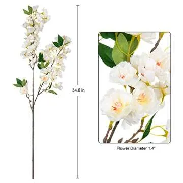HyeFlora Artificial Cherry Blossom Branches, Faux Fake Plum Flowers Real Touch Boutique Bulk for Home Wedding Office Decoration, 35”Long Stems for Tall Vase (3PCS, White)