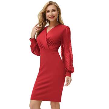 Formal Dress for Women Sheer Mesh Sleeve V Neck Cocktail Dress Size S Red