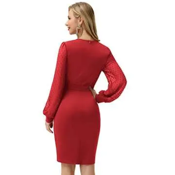 Formal Dress for Women Sheer Mesh Sleeve V Neck Cocktail Dress Size S Red