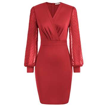 Formal Dress for Women Sheer Mesh Sleeve V Neck Cocktail Dress Size S Red