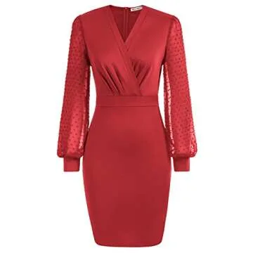 Formal Dress for Women Sheer Mesh Sleeve V Neck Cocktail Dress Size S Red