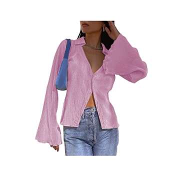LYANER Women's Deep V Neck Button Front Bell Long Sleeve Blouse Shirt Top Baby Pink Large