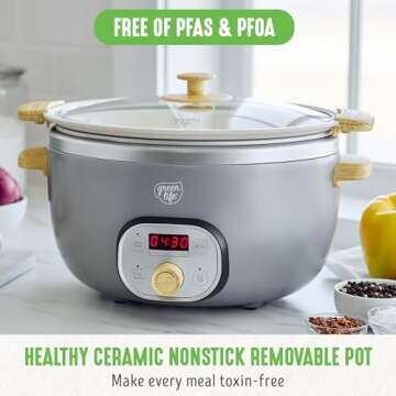 GreenLife 6 QT Ceramic Non Stick Slow Cooker, PFAS-Free Programmable Removable Pot for Family Meals,...
