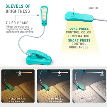 Vekkia Rechargeable Book Light 3 Colors 70Hrs Battery