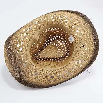 jiaoji Men & Women's Woven Straw Cowboy Cowgirl Straw Hat Cowboy Hats for Women Cowboy Hat Shapeable Brim, Beach Cowgirl (Tea Coffee/Beads)