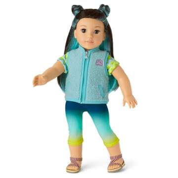 American Girl Corinne Tan Girl of the Year 2022 18-inch Doll Camping Outfit with Vest, Tee, and Sandals, For Ages 8+
