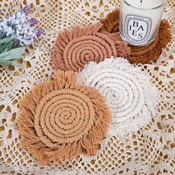 Whaline Boho Macrame Coasters Set of 4 Handmade Woven Coaster for Drinks Bohemian Cup Mat with Tassel for Kinds of Mugs and Cups Coffee Home Kitchen Office Wooden Table Decor