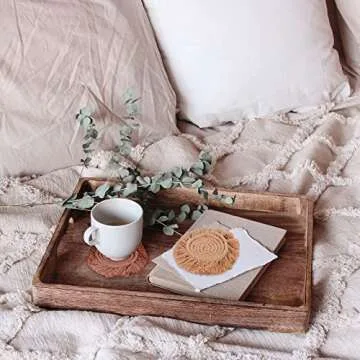 Whaline Boho Macrame Coasters Set of 4 Handmade Woven Coaster for Drinks Bohemian Cup Mat with Tassel for Kinds of Mugs and Cups Coffee Home Kitchen Office Wooden Table Decor