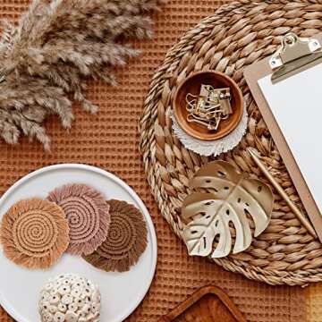 Whaline Boho Macrame Coasters Set of 4 Handmade Woven Coaster for Drinks Bohemian Cup Mat with Tassel for Kinds of Mugs and Cups Coffee Home Kitchen Office Wooden Table Decor