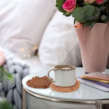 Whaline Boho Macrame Coasters Set of 4 Handmade Woven Coaster for Drinks Bohemian Cup Mat with Tassel for Kinds of Mugs and Cups Coffee Home Kitchen Office Wooden Table Decor