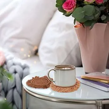 Whaline Boho Macrame Coasters Set of 4 Handmade Woven Coaster for Drinks Bohemian Cup Mat with Tassel for Kinds of Mugs and Cups Coffee Home Kitchen Office Wooden Table Decor