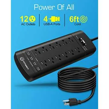 Witeem Surge Protector Power Strip - 12 Outlets,4 USB 6A Ports, 6Ft Extension Cord, 1875W/15A, 4360J...