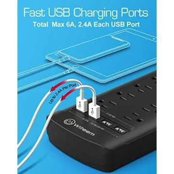 Witeem Surge Protector Power Strip - 12 Outlets,4 USB 6A Ports, 6Ft Extension Cord, 1875W/15A, 4360Joules, Overload Protection - Ideal for Home & Office Use (Black-USB6A)