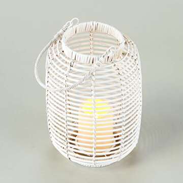 The Lakeside Collection Wicker and Rattan LED Candle Lantern with Cage Look - White - Large