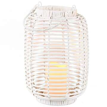 The Lakeside Collection Wicker and Rattan LED Candle Lantern with Cage Look - White - Large