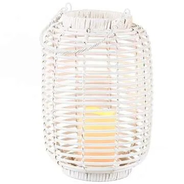 The Lakeside Collection Wicker and Rattan LED Candle Lantern with Cage Look - White - Large