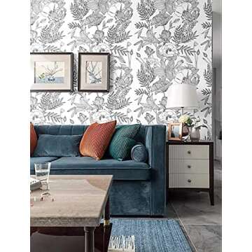 Blooming Wall Lotus Lily Damasks Peel and Stick Wallpaper Wall Mural (17.7“x394”, Black/White)