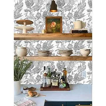 Blooming Wall Lotus Lily Damasks Peel and Stick Wallpaper Wall Mural (17.7“x394”, Black/White)