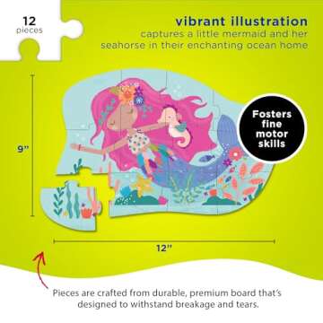 Crocodile Creek Jigsaw Puzzle, 12 Piece Beginner Puzzle for Kids Ages 2 Years & Up, Finished Size 12 x 9 inches, Mermaid Dreams