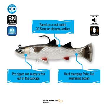 Savage Gear Pulse Tail Mullet RTF Fishing Bait, 1 1/3 oz, White, Ultra-Realistic Action
