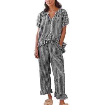 ZZEVOLSS Women Gingham Pajama Set High Low Hem Babydoll Peplum Tops Ruffle Wide Leg Pants Set Plaid ...