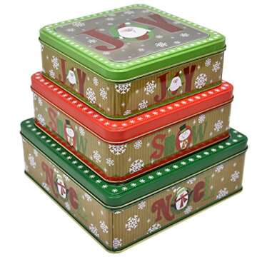Gift Boutique Square Christmas Cookie Tins Nesting Boxes, Set Of 3 Designs Holiday Containers Party Favor Supplies With Window Metal Lid Cover