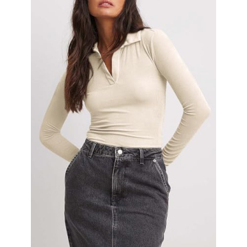 Tankaneo Womens Long Sleeve Polo Shirts V Neck Collared Work Shirt Slim Fit Ribbed Knit Basic Going Out Fall Tops Apricot