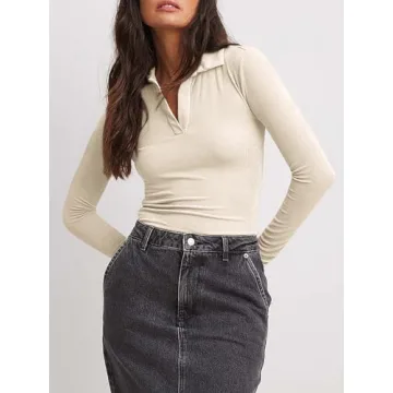 Tankaneo Womens Long Sleeve Polo Shirts V Neck Collared Work Shirt Slim Fit Ribbed Knit Basic Going Out Fall Tops Apricot