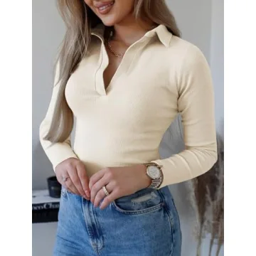 Tankaneo Womens Long Sleeve Polo Shirts V Neck Collared Work Shirt Slim Fit Ribbed Knit Basic Going Out Fall Tops Apricot