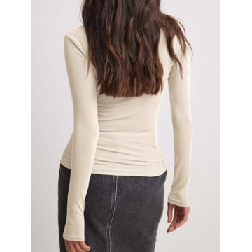 Tankaneo Womens Long Sleeve Polo Shirts V Neck Collared Work Shirt Slim Fit Ribbed Knit Basic Going Out Fall Tops Apricot