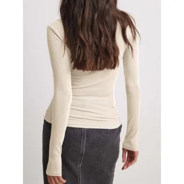 Tankaneo Womens Long Sleeve Polo Shirts V Neck Collared Work Shirt Slim Fit Ribbed Knit Basic Going Out Fall Tops Apricot