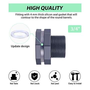 Outus 2 Pieces PVC Bulkhead Fitting for Rain Barrels, Aquariums, Water Tanks (3/4 Inch)