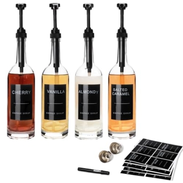 MSTCMZP 25.4 oz Coffee Syrup Dispenser Set - 4 Premium Glass Bottles with Pump & Labels.