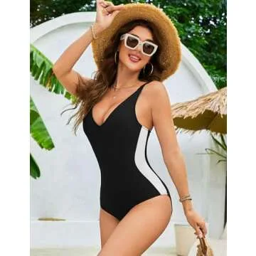BMJL Women's One Piece Swimsuit Slimming Tummy Control Bathing Suit Deep V Neck Color Block Lace Up Back Swimwear(S,Black)