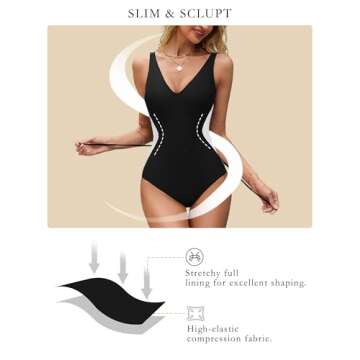 BMJL Women's One Piece Swimsuit Slimming Tummy Control Bathing Suit Deep V Neck Color Block Lace Up Back Swimwear(S,Black)