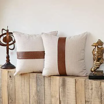 Kiuree Faux Leather Throw Pillow Cover Set of 2 Cute Farmhouse Decorative Pillow Cover for Couch Sofa Cushion Cover 18x18 Boho Modern Accent Pillow(Coffee)