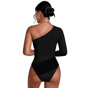 Verdusa Women's Sexy One Shoulder Off Rib Knit Thong Bodysuit