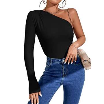 Verdusa Women's Sexy One Shoulder Off Rib Knit Thong Bodysuit